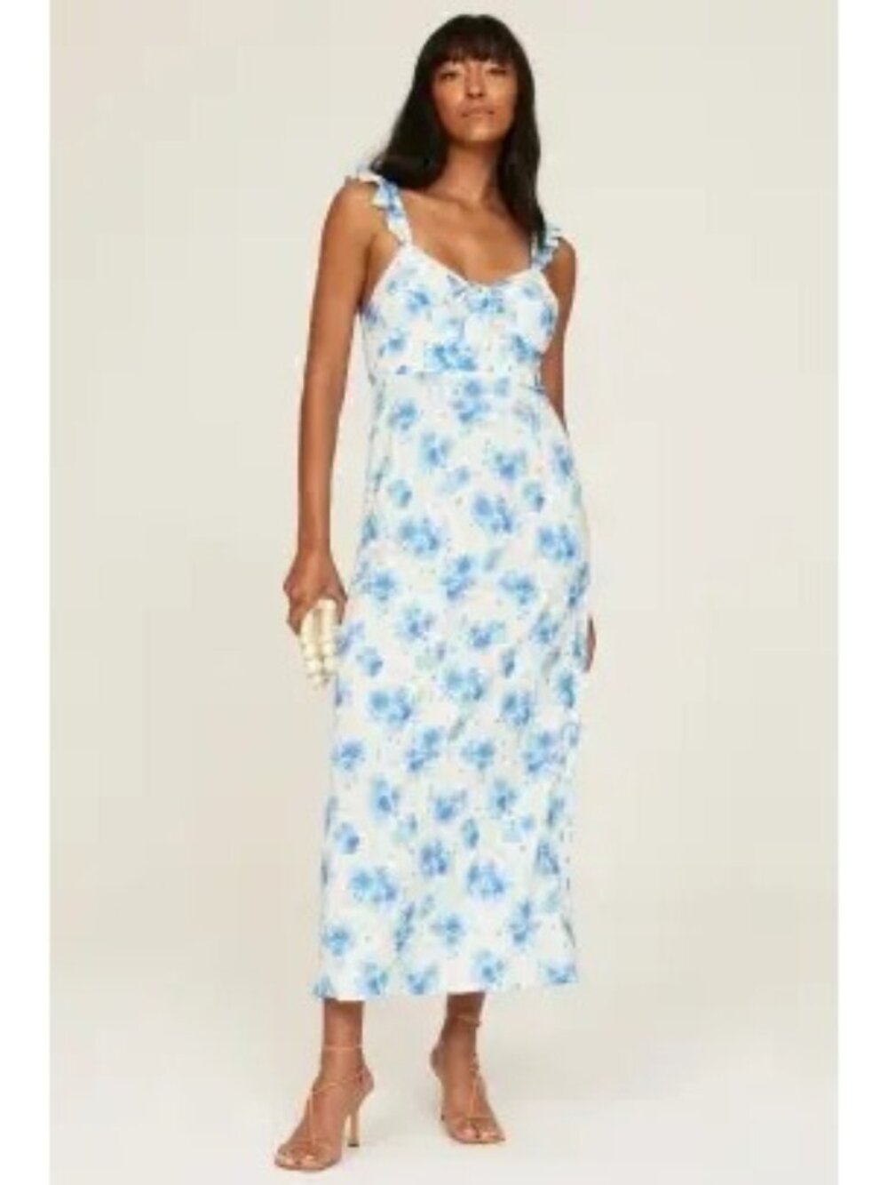 RIXO Blue and White Floral Tie-Shoulder Midi Dress